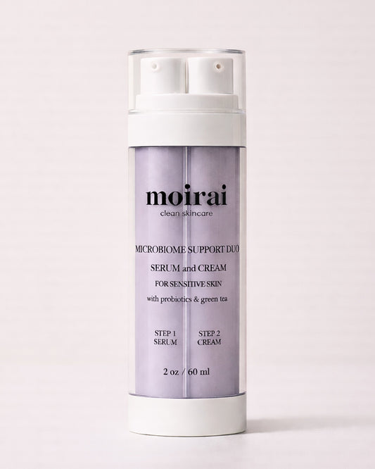 Moirai Microbiome Support Duo dual delivery serum and cream or sensitive, breakout prone skin with probiotics and green tea