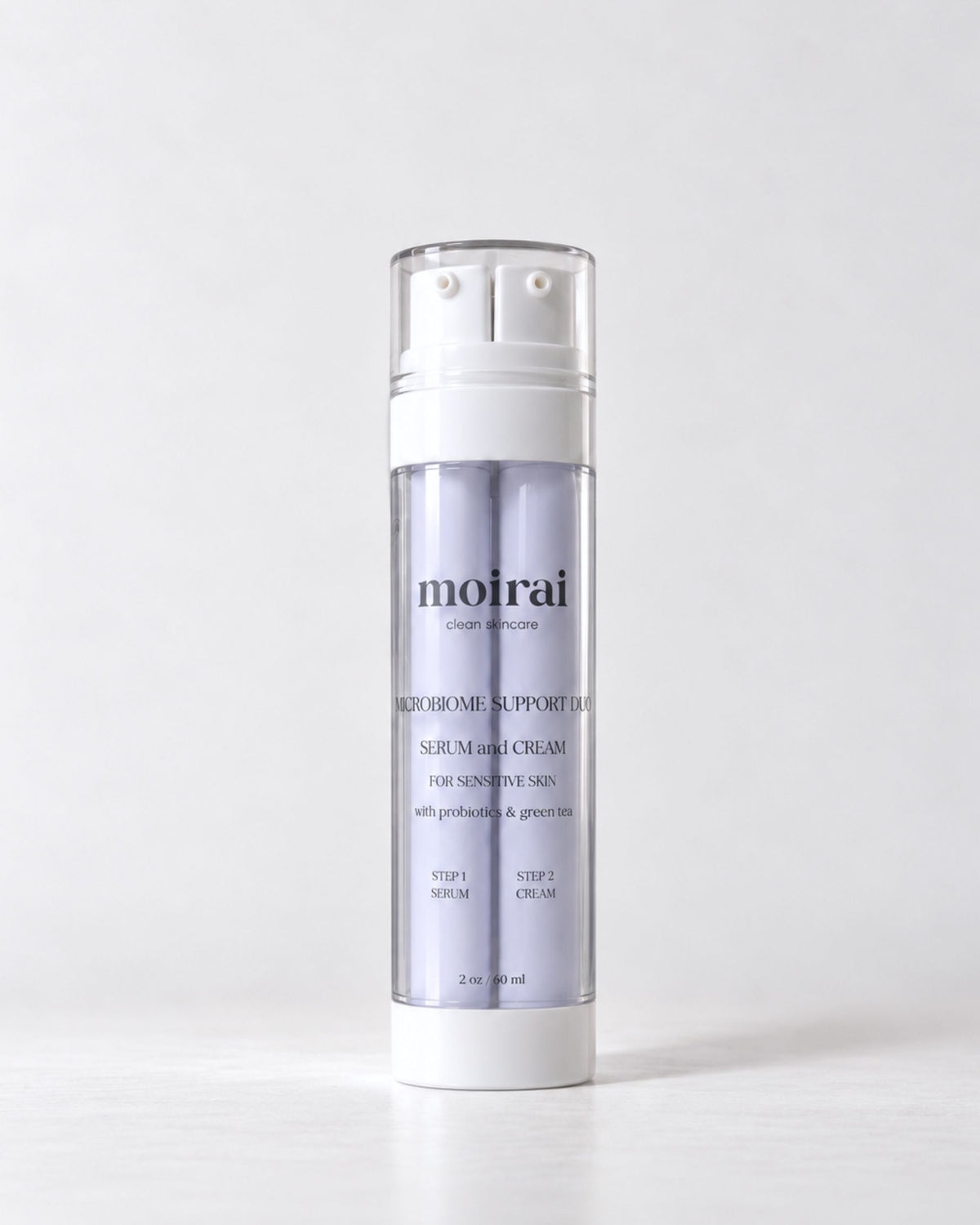 Moirai Microbiome Support Duo probiotic serum and cream in one bottle featuring the Dual-Delivery System to support the skin microbiome, balanced hydration, barrier support and sensitive skin