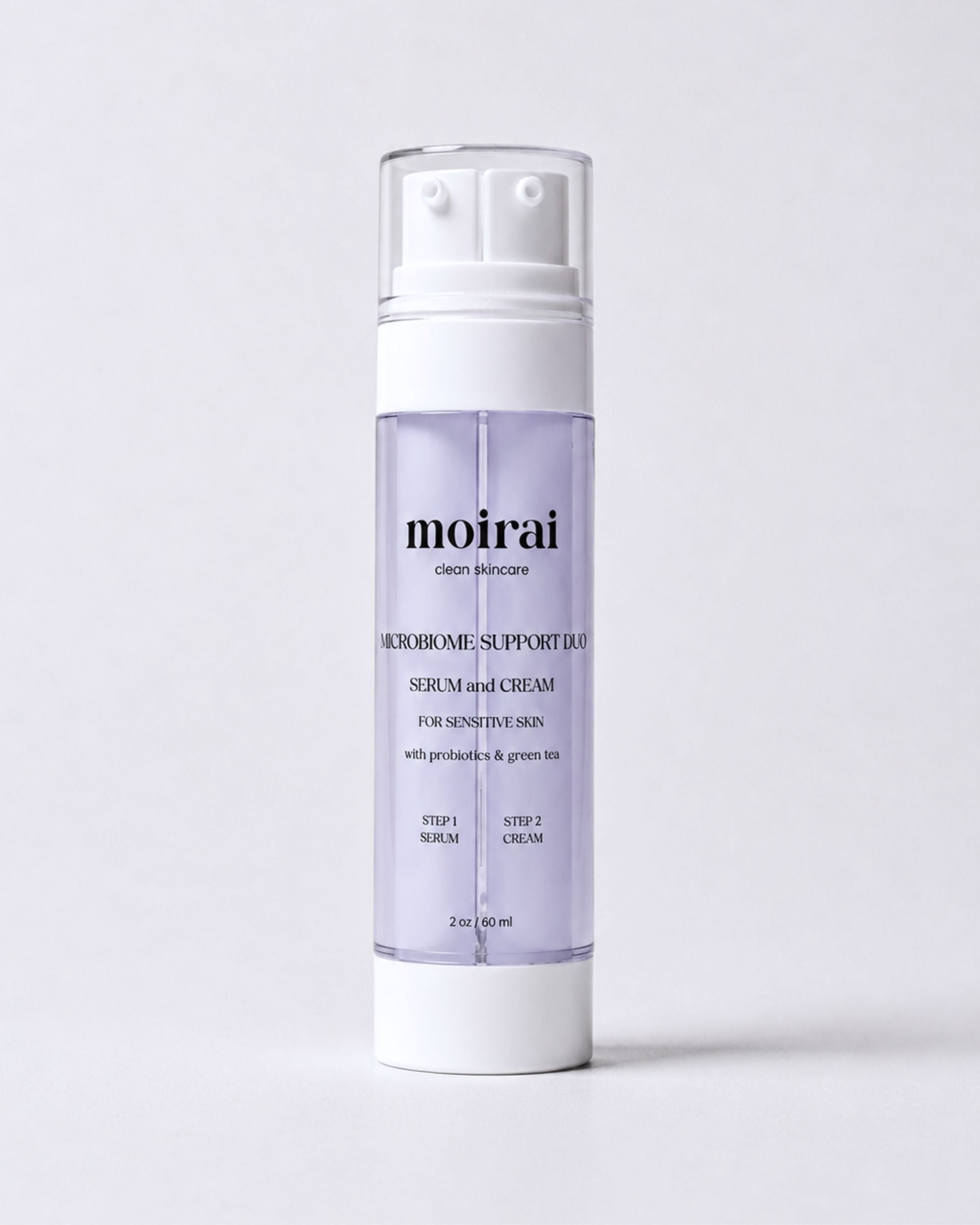 Moirai Microbiome Support Duo probiotic serum and cream in one bottle featuring the Dual-Delivery System to support the skin microbiome, balanced hydration, barrier support and sensitive skin