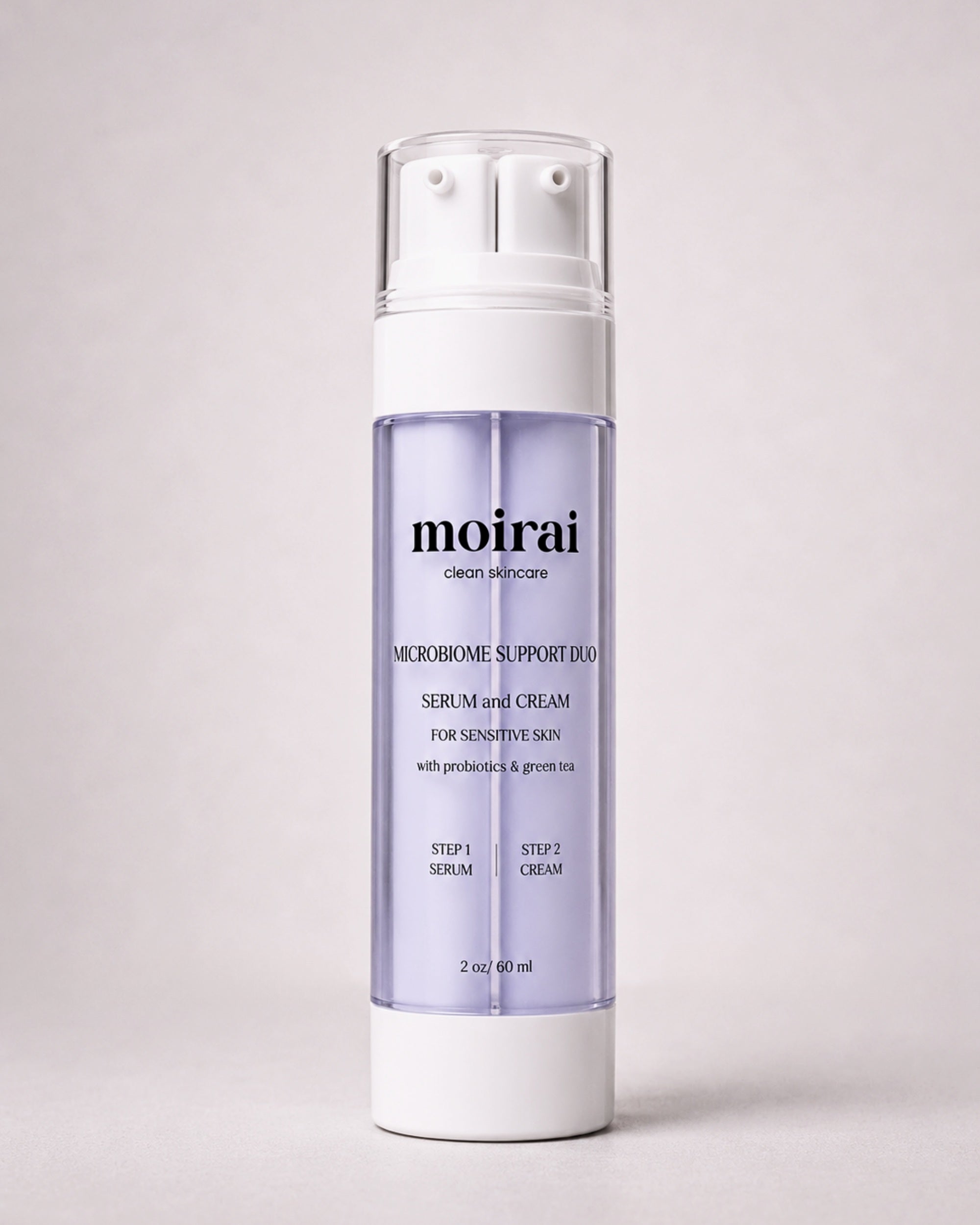 Moirai Microbiome Support Duo probiotic serum and cream in one bottle featuring the Dual-Delivery System to support the skin microbiome, balanced hydration, barrier support and sensitive skin