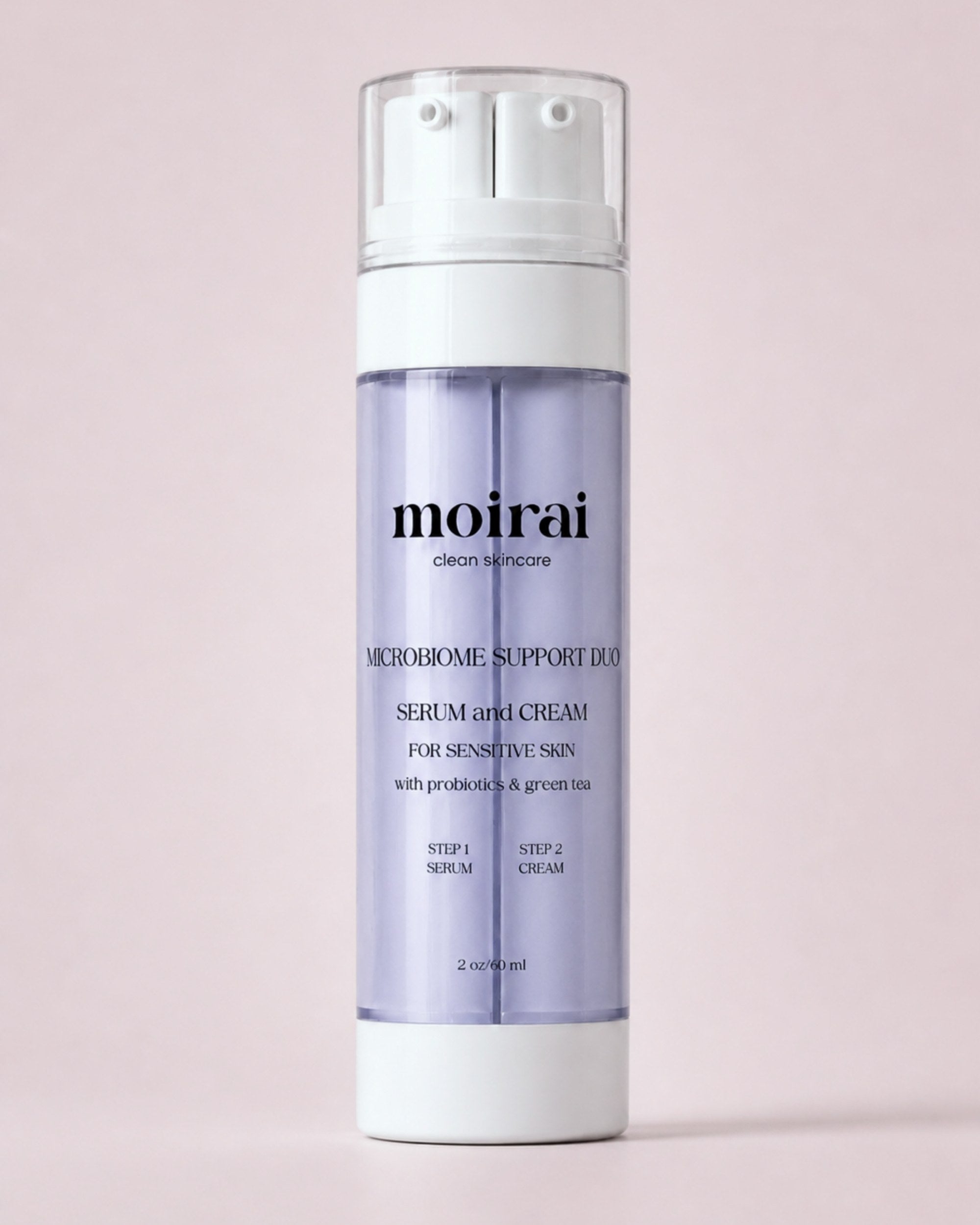Moirai Microbiome Support Duo serum and cream for sensitive skin in a lavender dual-chamber bottle on a soft pink background