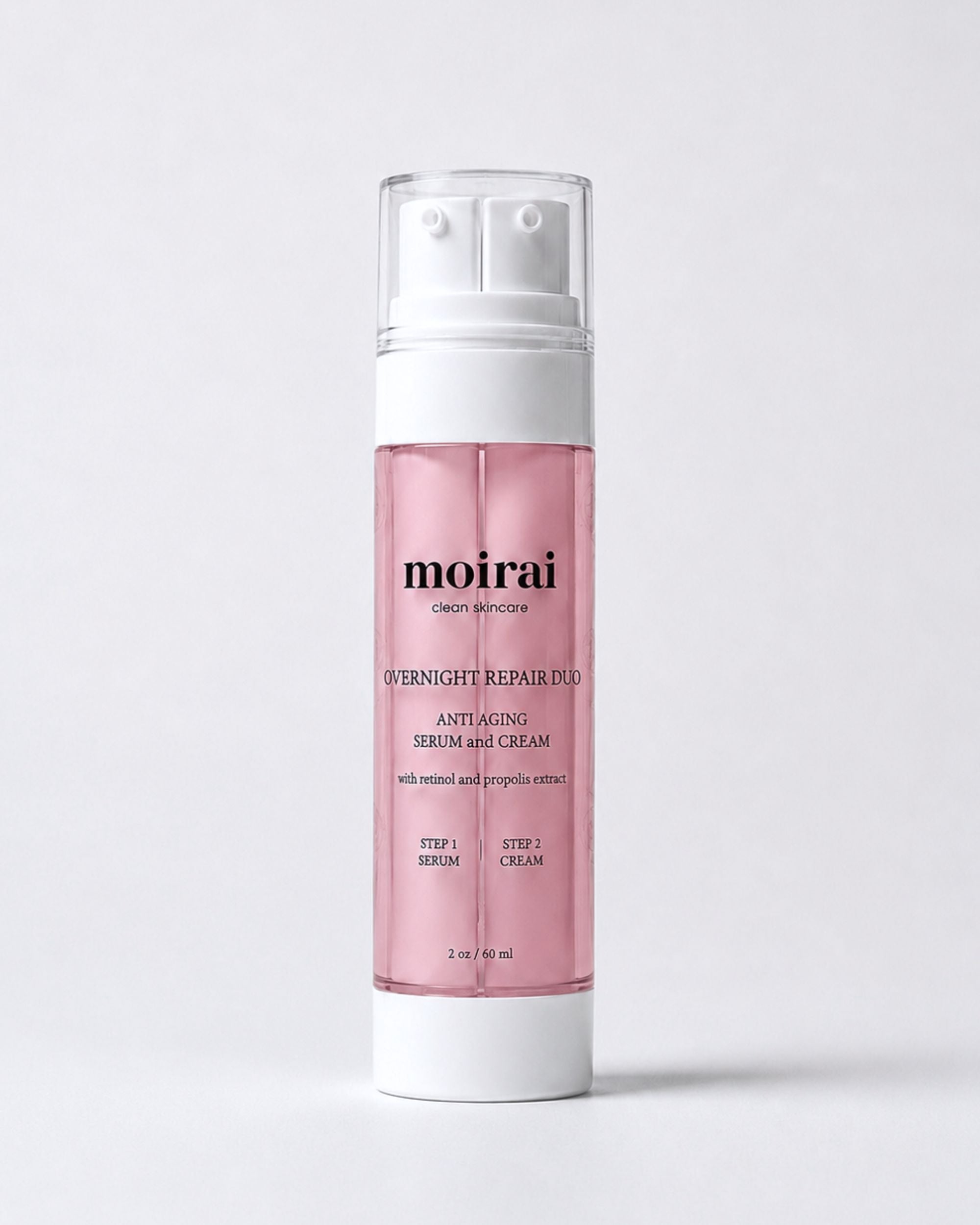 Moirai Overnight Repair Duo retinol serum and cream in one bottle with the Dual-Delivery System, designed to support overnight skin renewal, hydration and smoother-looking skin