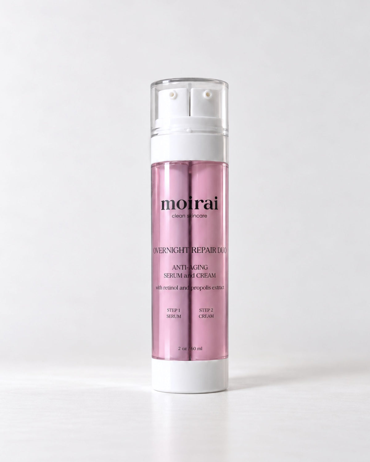 Moirai Overnight Repair Duo retinol serum and cream in one bottle with the Dual-Delivery System, designed to support overnight skin renewal, hydration and smoother-looking skin