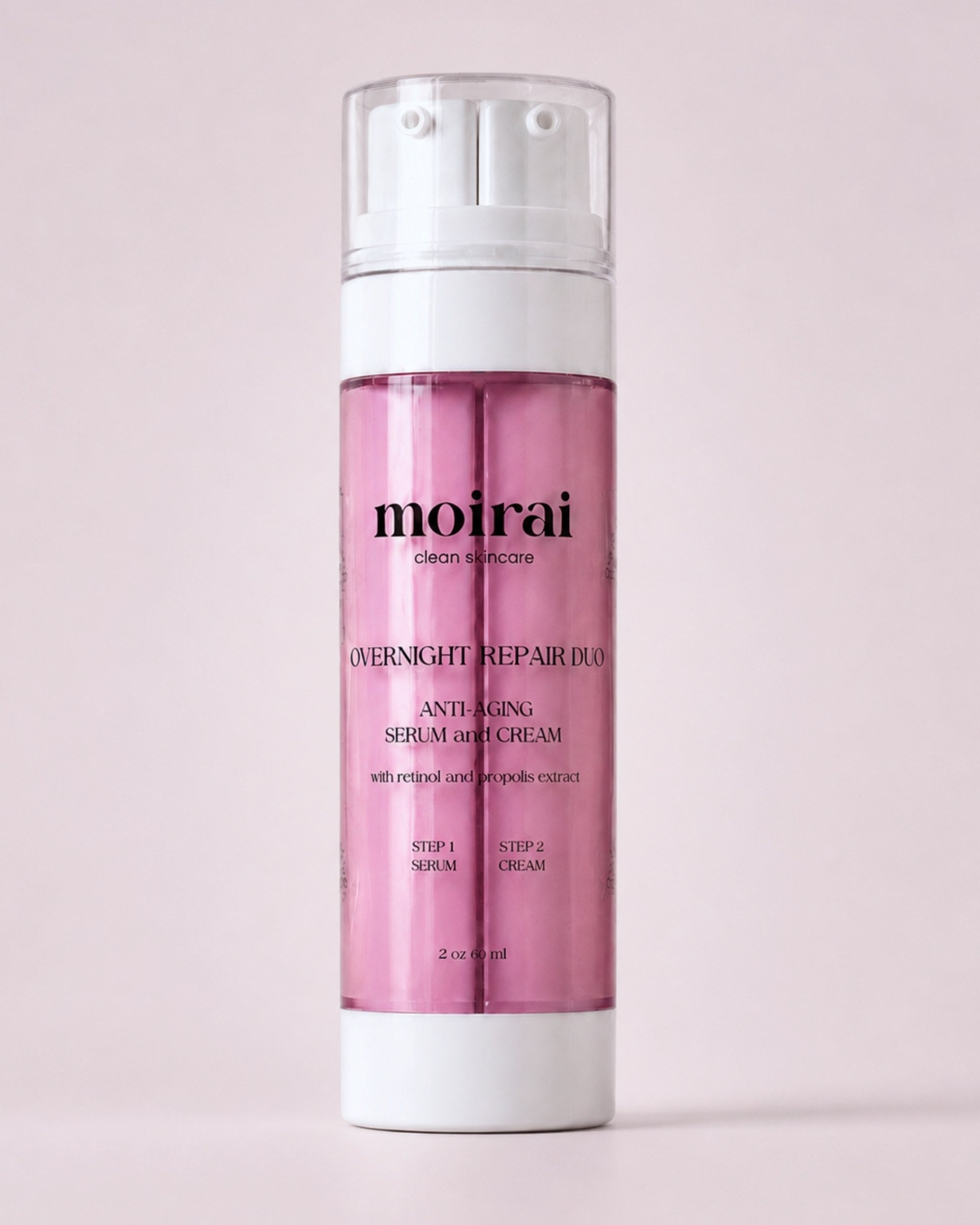 Moirai Overnight Repair Duo anti-aging retinol serum and cream in a pink dual chamber bottle on a soft pink background 