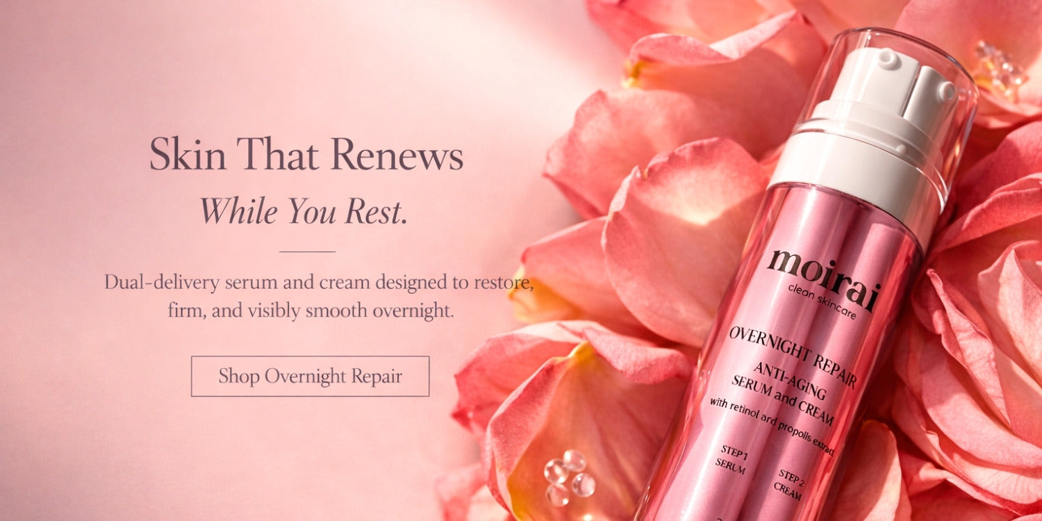 Moirai Overnight Repair Duo dual-delivery retinol serum and cream for overnight skin renewal with rose petals