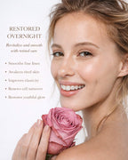 Woman with glowing skin showing results of Moirai Overnight Repair Duo retinol serum and cream