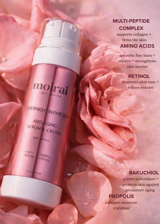 Moirai Overnight Repair Duo- dual chamber bottle with serum and moisturizer with retinol and peptides for firmer skin