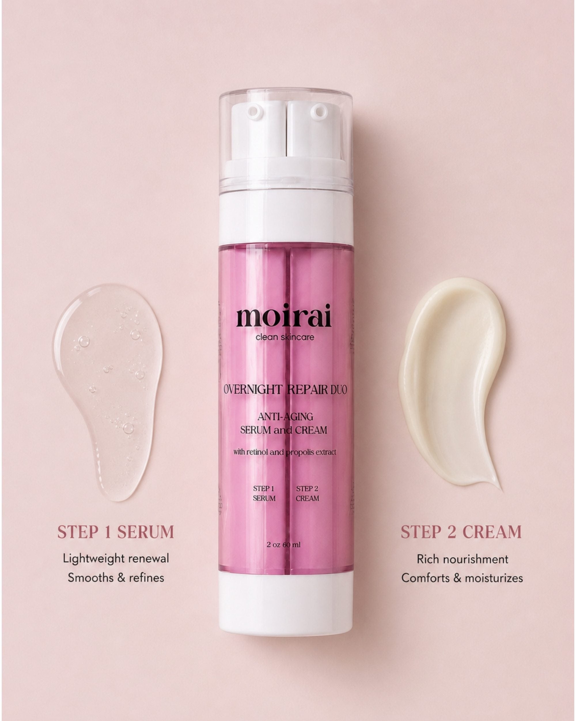 Moirai Overnight Repair Duo anti-aging serum and cream with lightweight peptide serum and hydrating retinol cream