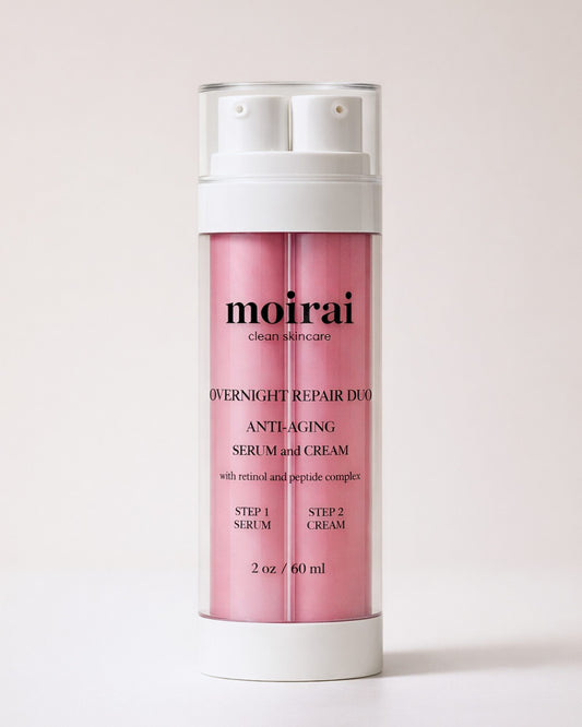 Moirai Overnight Repair anti aging serum and cream with retinol and peptides for nighttime skin renewal