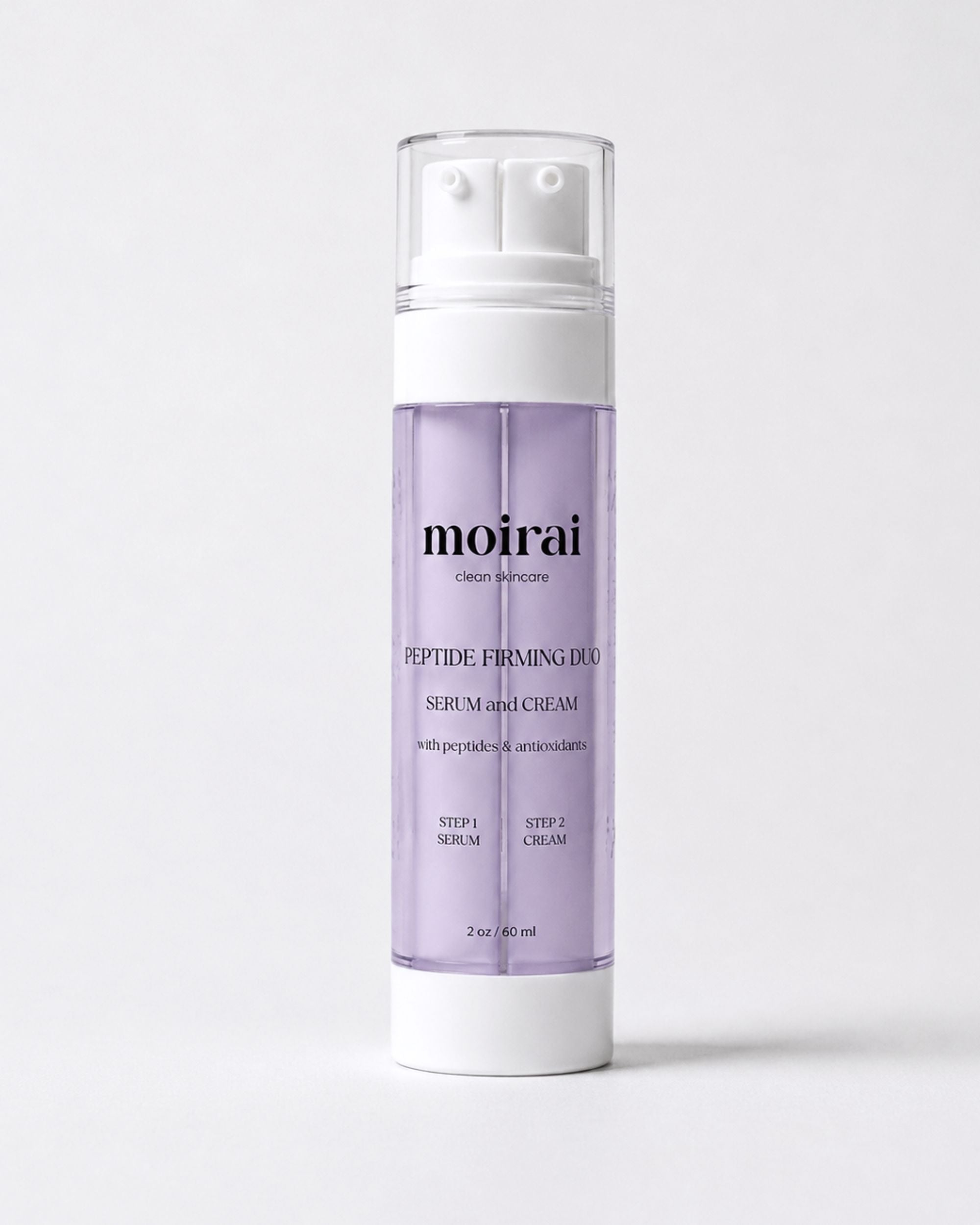 Moirai Peptide Firming Duo serum and cream in one bottle with peptide complex and antioxidants, featuring the Dual-Delivery System to support firmer-looking skin, smooth texture and hydration