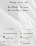 Moirai Peptide Firming Duo dual-delivery skincare system showing firming serum and nourishing cream texture benefits