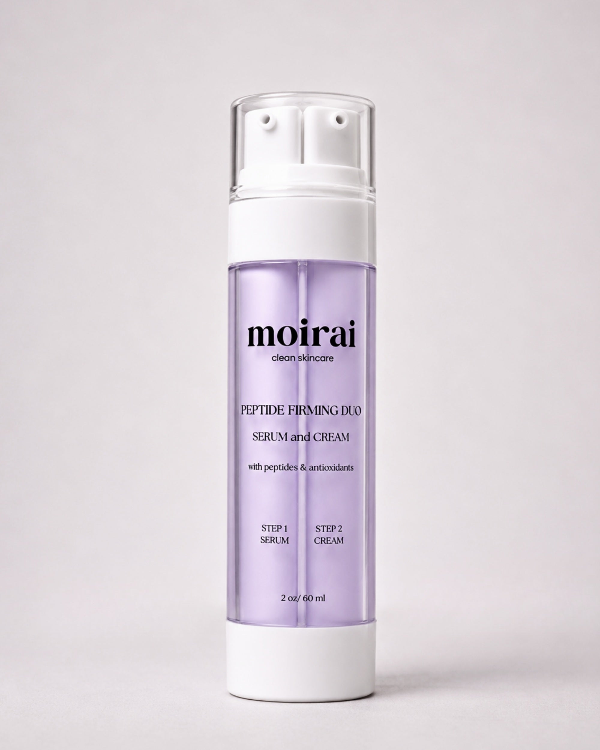 Moirai Peptide Firming Duo serum and cream in one bottle with peptide complex and antioxidants, featuring the Dual-Delivery System to support firmer-looking skin, smooth texture and hydration