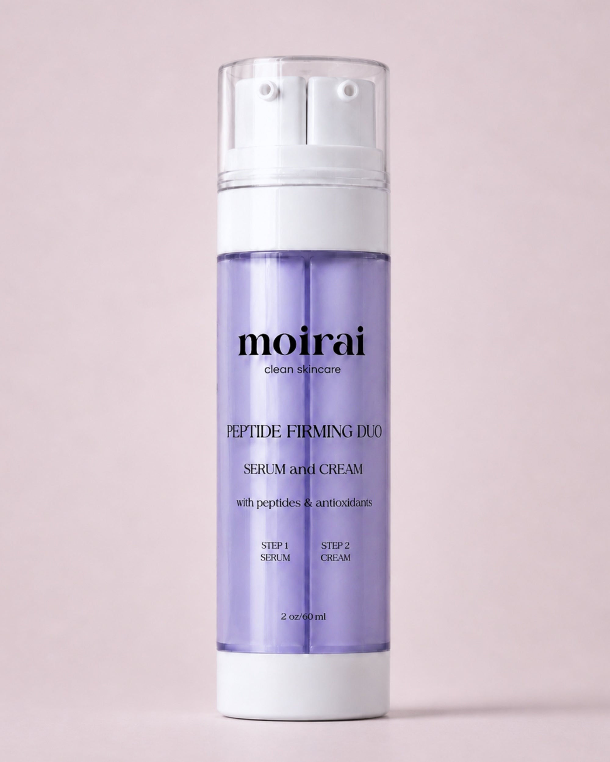 Moirai Peptide Firming Duo serum and cream in a purple dual-chamber skincare bottle on a soft pink background
