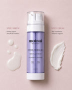 Moirai Peptide Firming Duo serum and cream with milky serum drops and rich cream texture swatch on a soft pink background