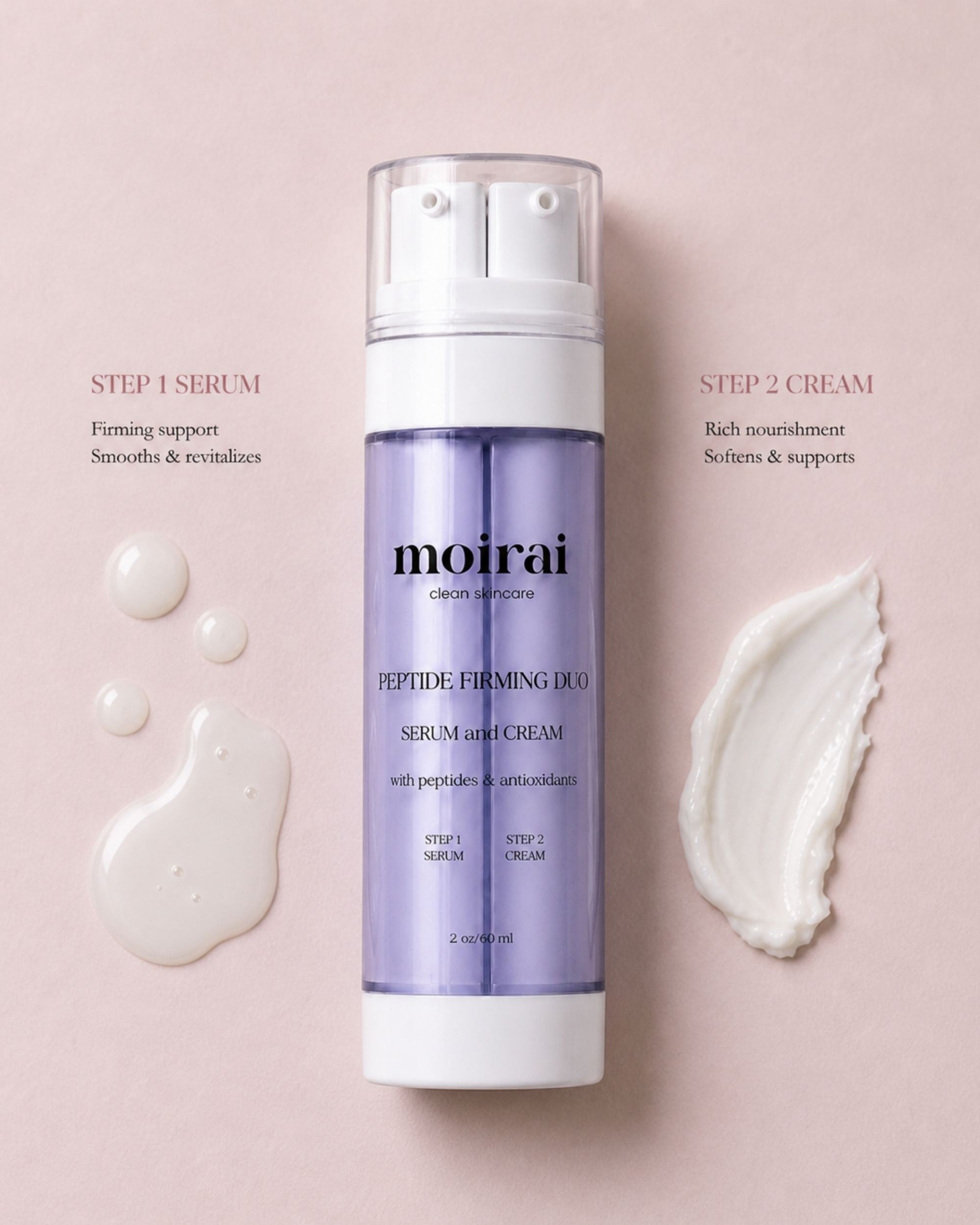Moirai Peptide Firming Duo serum and cream with milky serum drops and rich cream texture swatch on a soft pink background