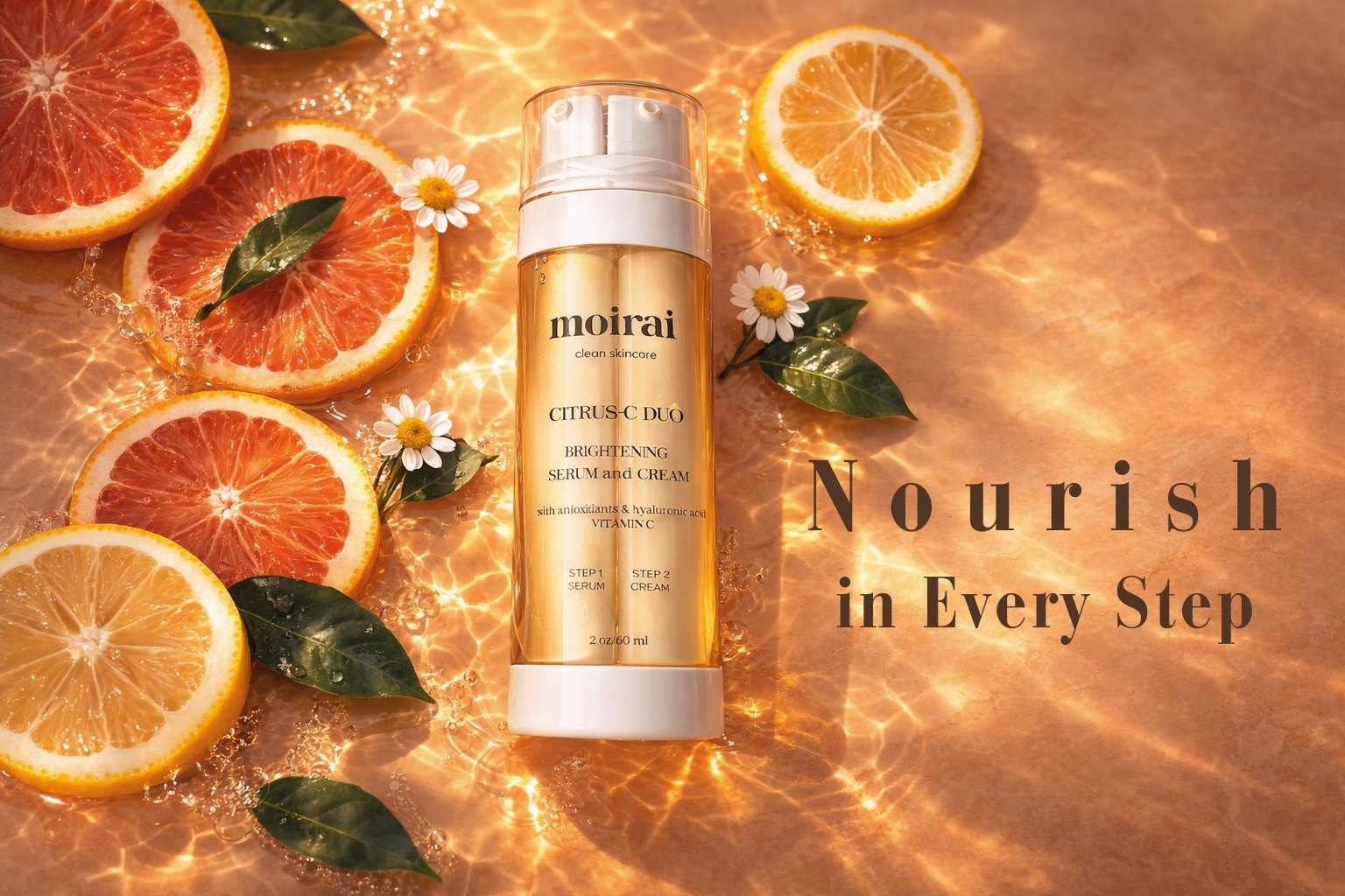 Moirai Citrus-C dual delivery skincare bottle with vitamin C and natural ingredients, representing nourishing serum and moisturizer in one routine.