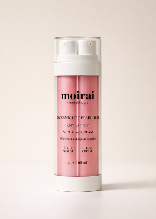 Moirai Overnight Repair Duo serum and moisturizer with peptides and retinol in dual chamber bottle for aging skin