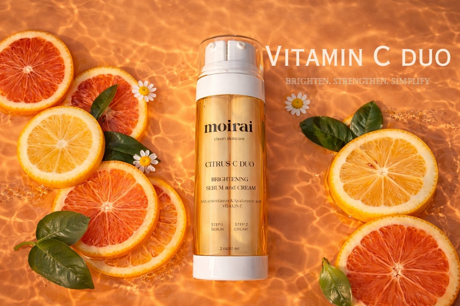 Moirai Vitamin C Duo brightening serum and moisturizer in dual chamber bottle with oranges and grapefruit