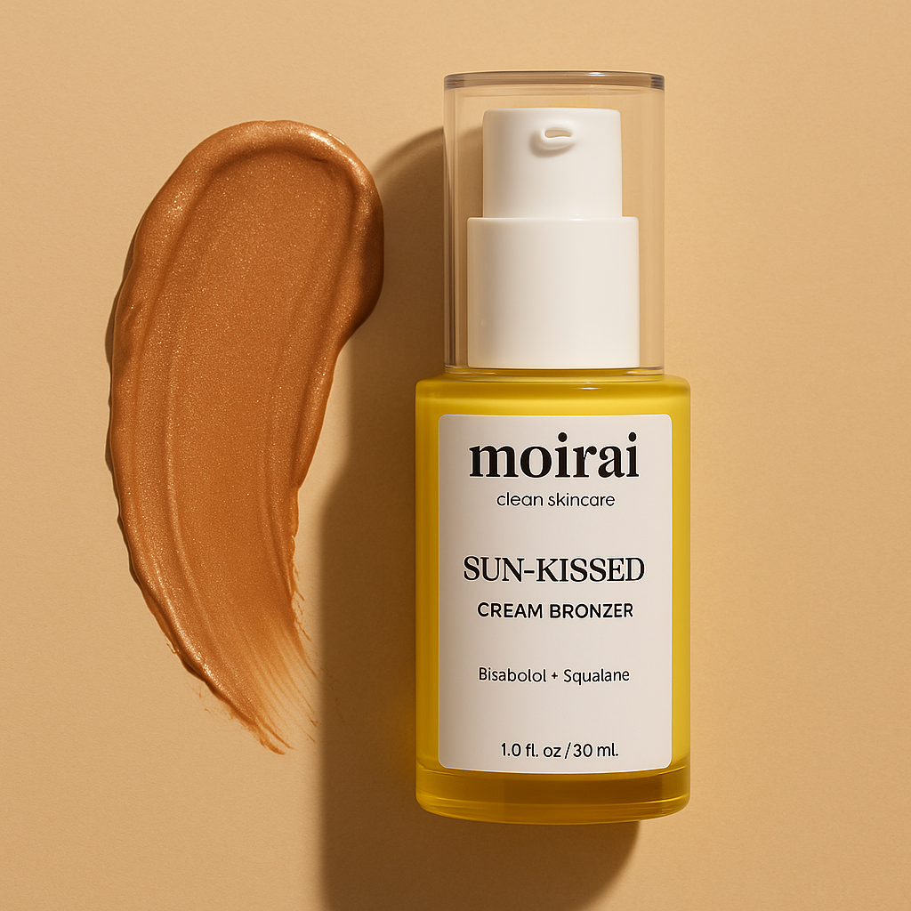 Moirai Sun-Kissed Cream Bronzer hydrating blendable cream bronzer with bronzer swatch on beige background