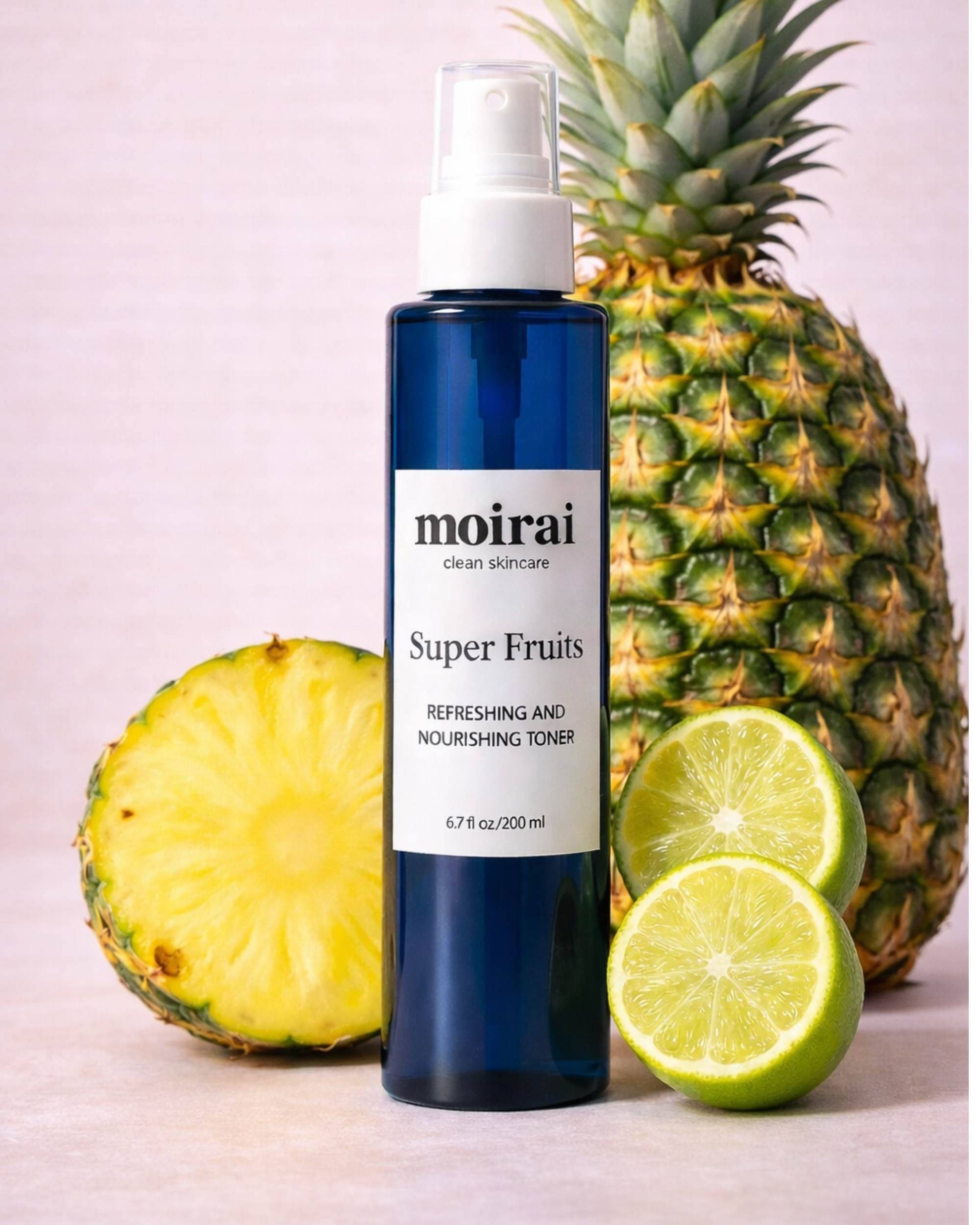 Moirai Super Fruits toner bottle with a pineapple and lime on a light background