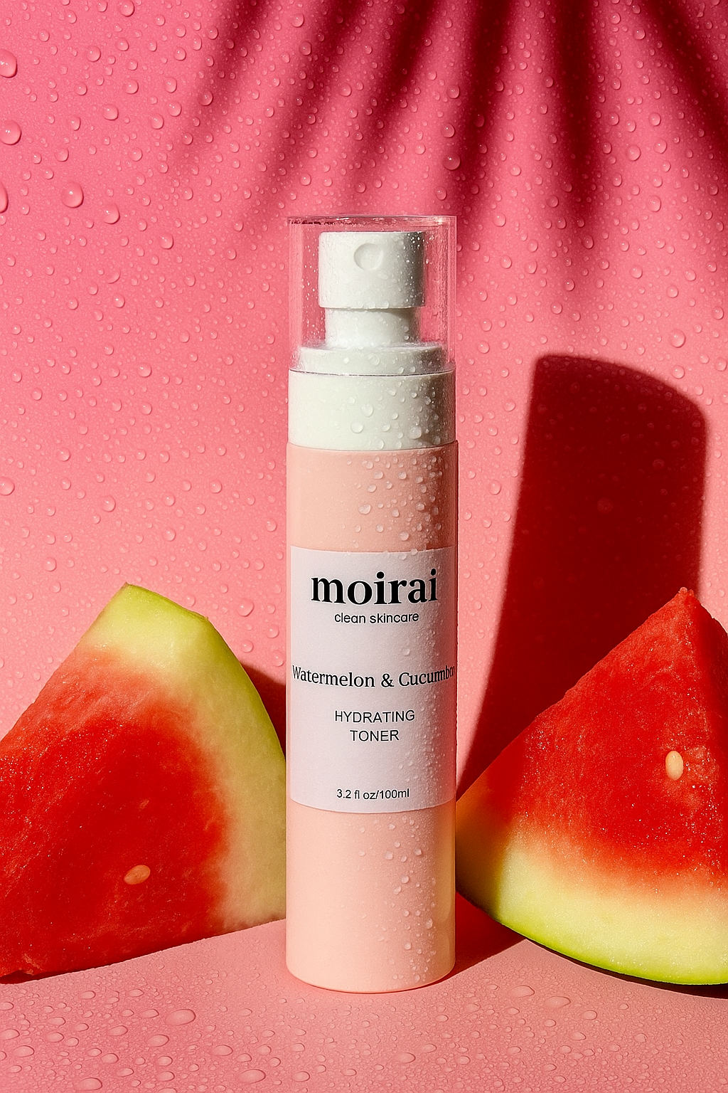 Moirai Watermelon & Cucumber Hydrating Toner bottle styled with watermelon slices and water droplets on a pink background