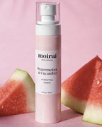 Watermelon & Cucumber Hydrating Toner by Moirai Skincare with fresh watermelon slices on soft pink background for refreshing hydration
