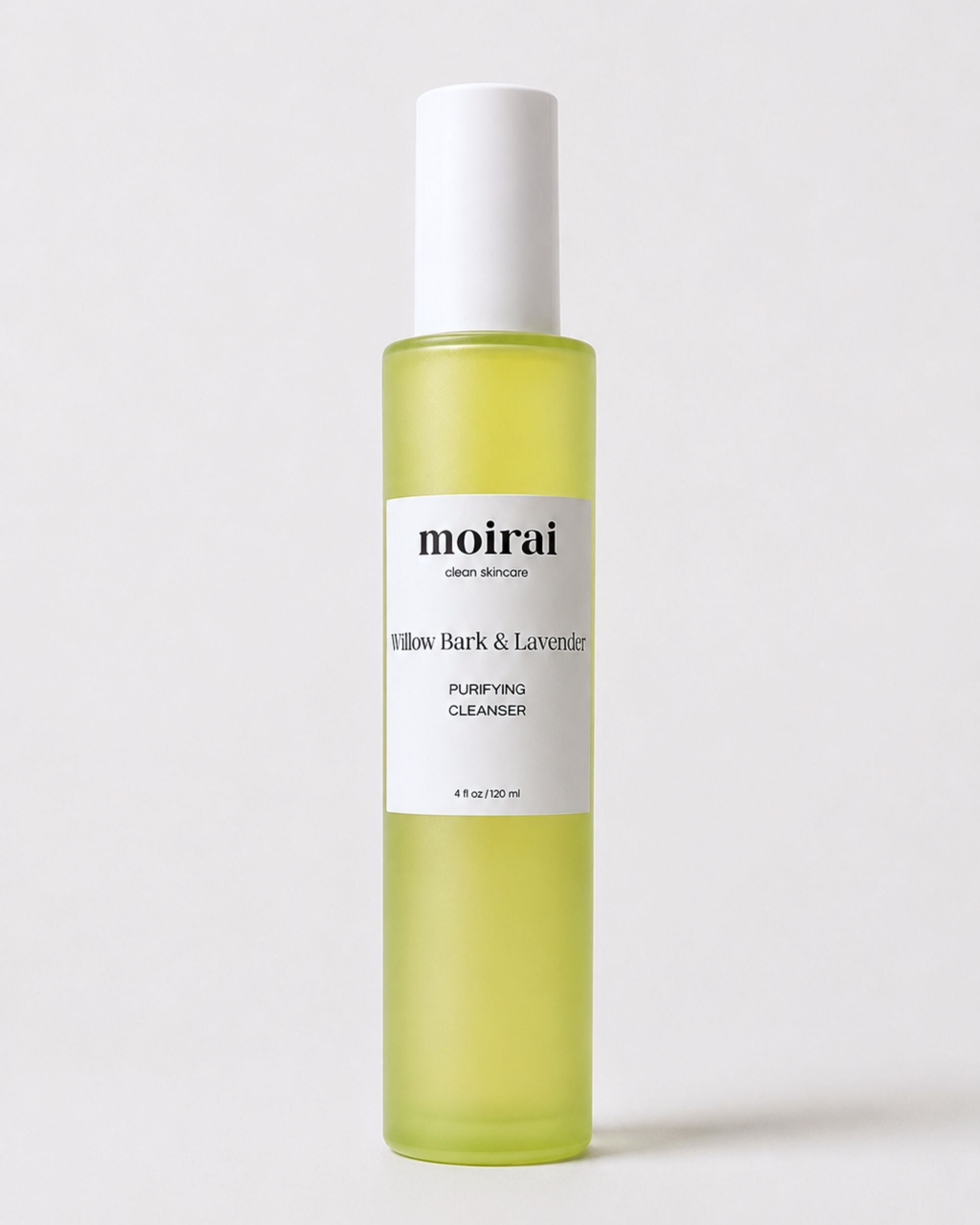 A bottle of Moirai Willow Bark & Lavender Purifying Gel Cleanser for oily skin, featuring a translucent light green liquid and a white cap, set against a clean white background.