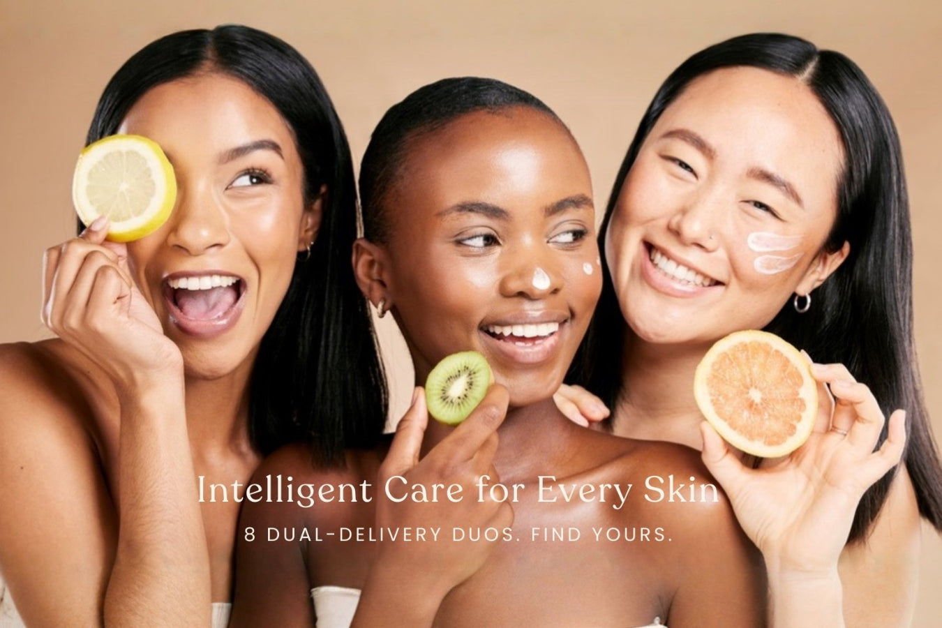 Three women with Bare Skin Inclusive Skincare logo, holding fruits near their faces.